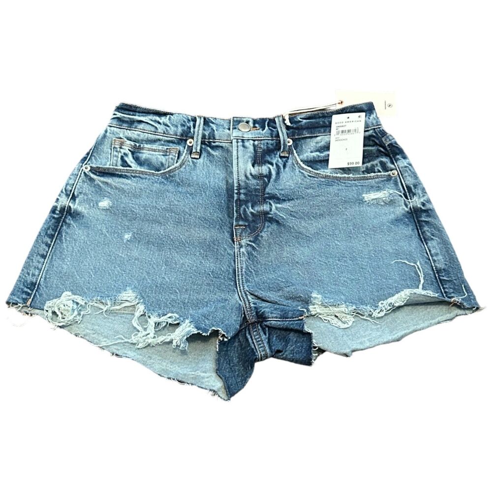 Good American Good 90s Cut Off Shorts Womens Size 26 Blue Denim Distressed NWT‎